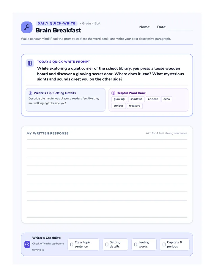 Secret Door Writing Worksheet