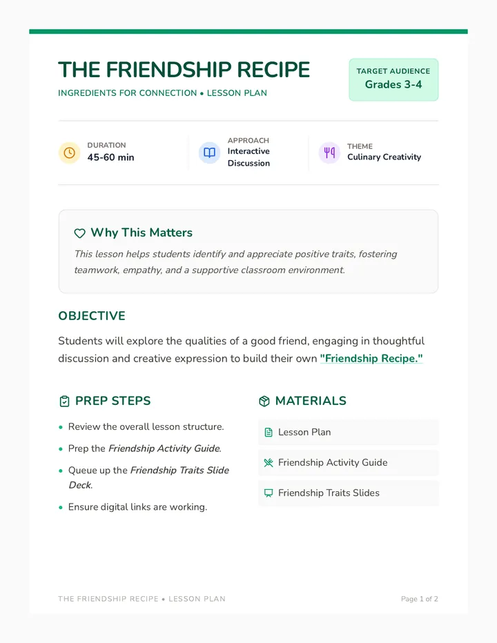 Friendship Recipe Lesson Plan