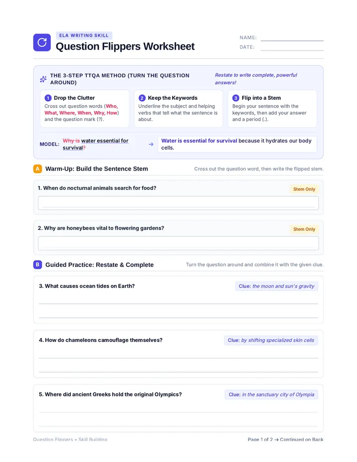 Question Flippers Worksheet