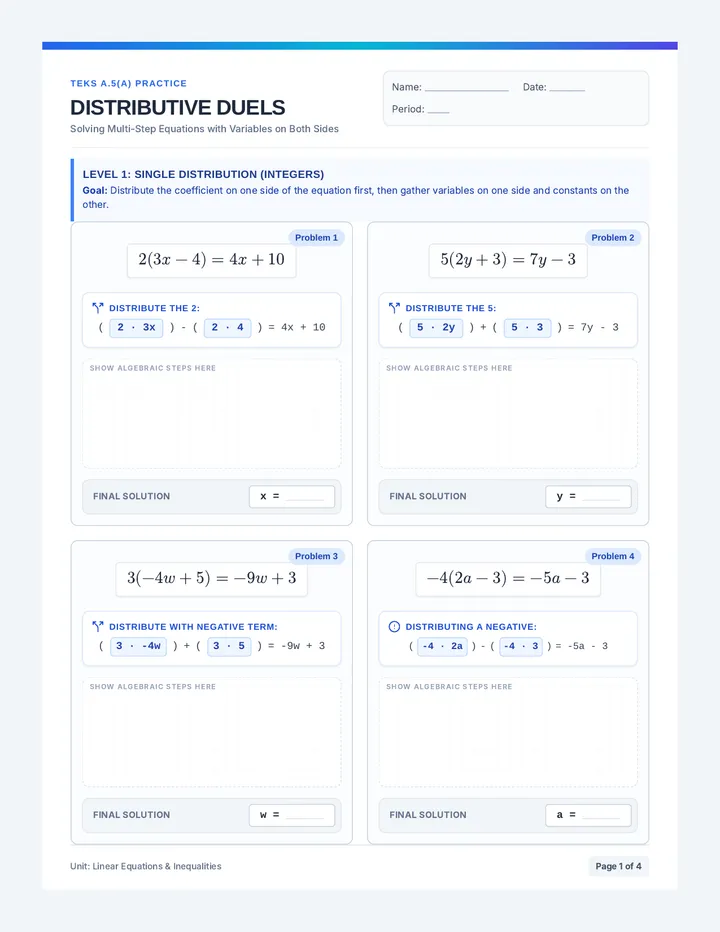 Distributive Duels Practice Worksheet