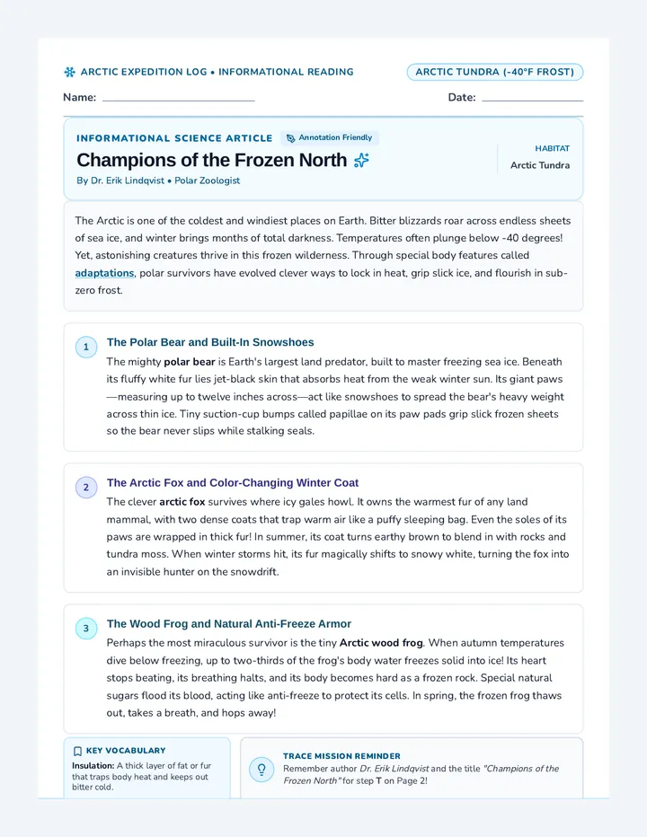 Arctic Champions Reading Worksheet
