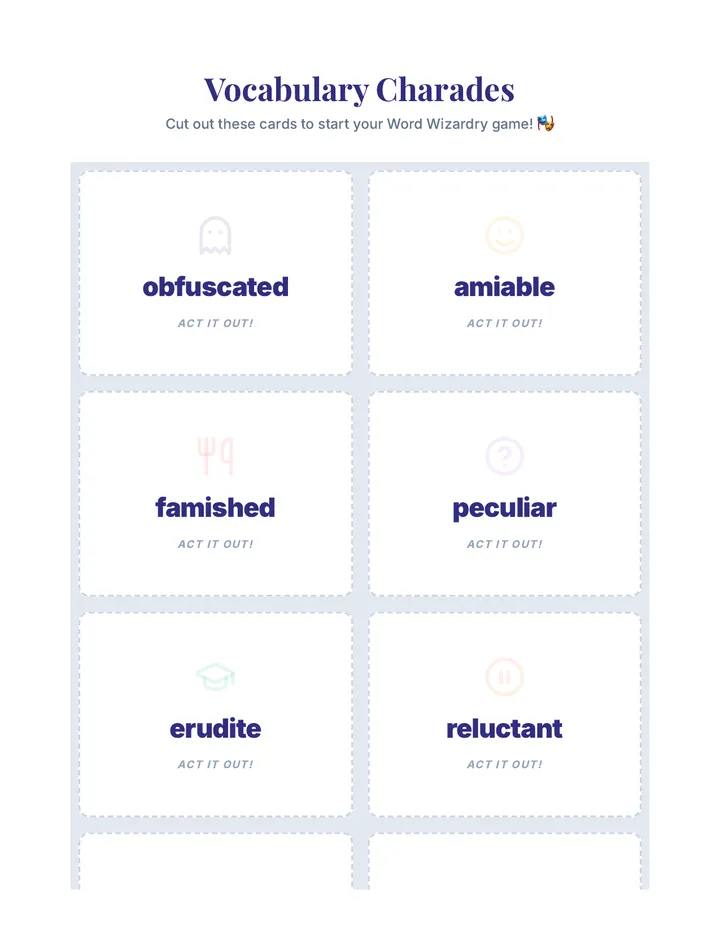Vocabulary Charades Game Cards