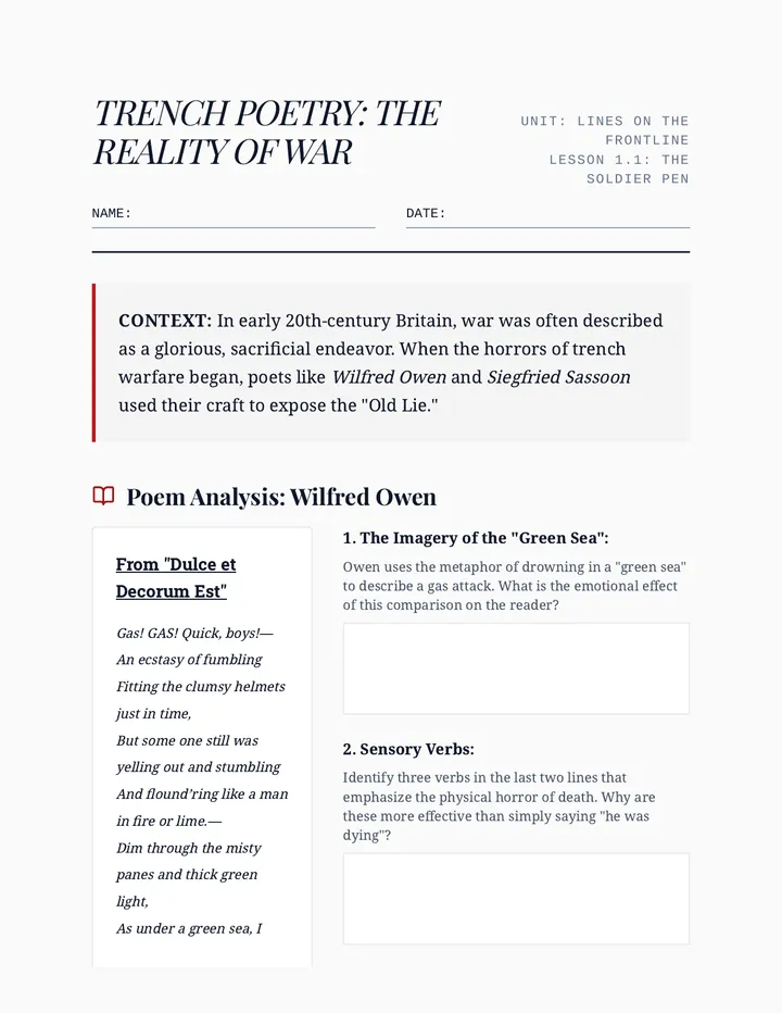 Trench Poets Worksheet