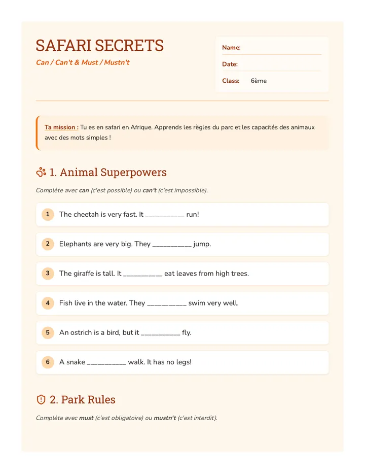 Safari Secrets Worksheet