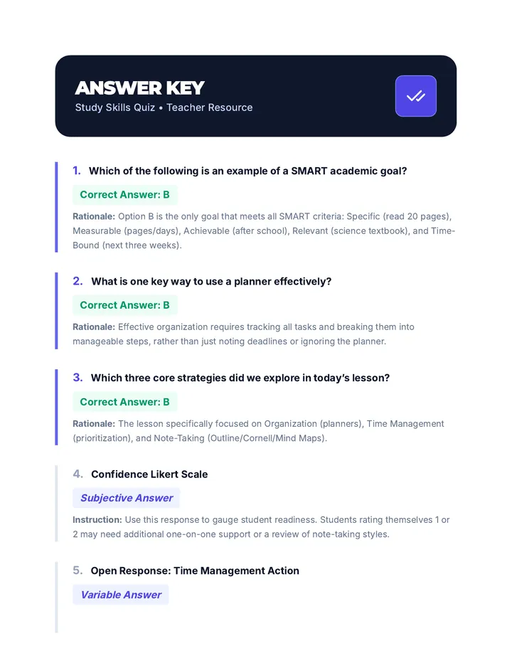 Study Skills Quiz Answer Key