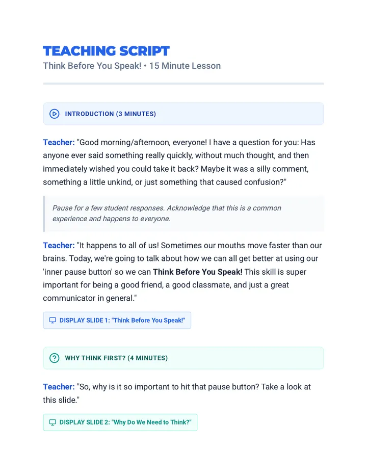 Think Before You Speak Teaching Script
