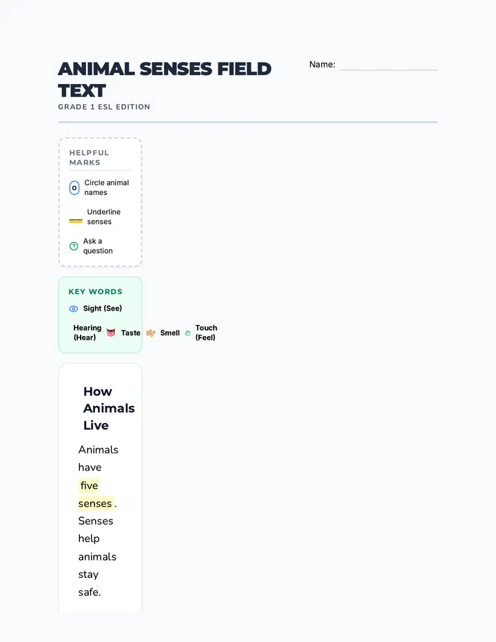 Animal Senses ESL Field Text