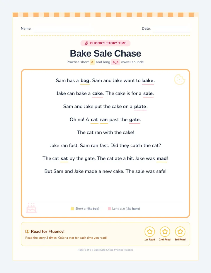 Bake Sale Chase Worksheet