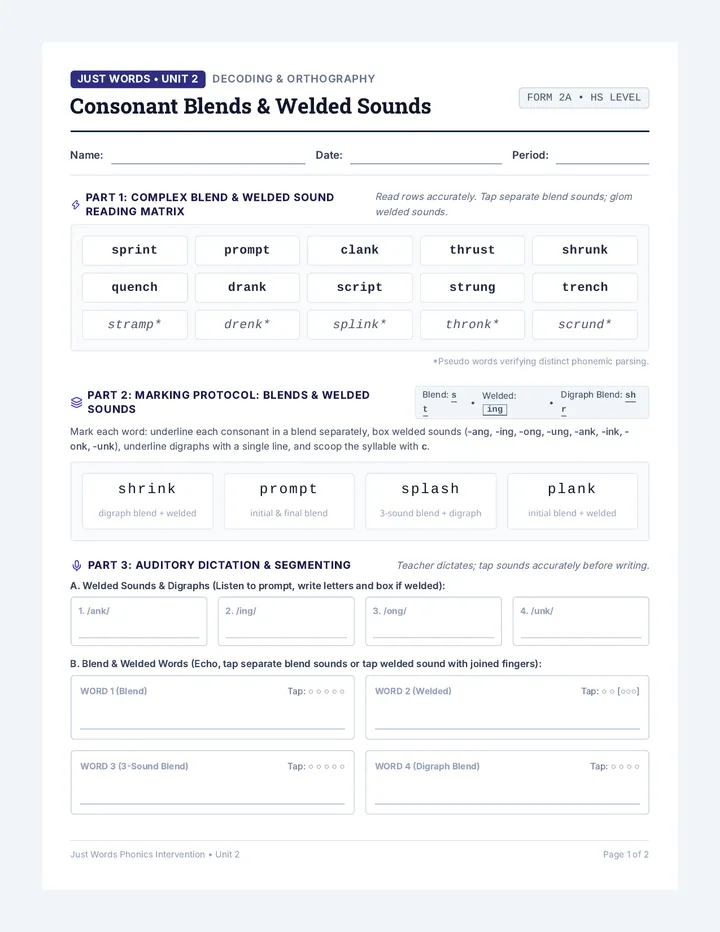 Unit 2 Blend Matrix Worksheet