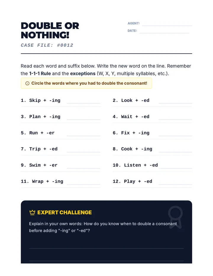 Double or Nothing Worksheet