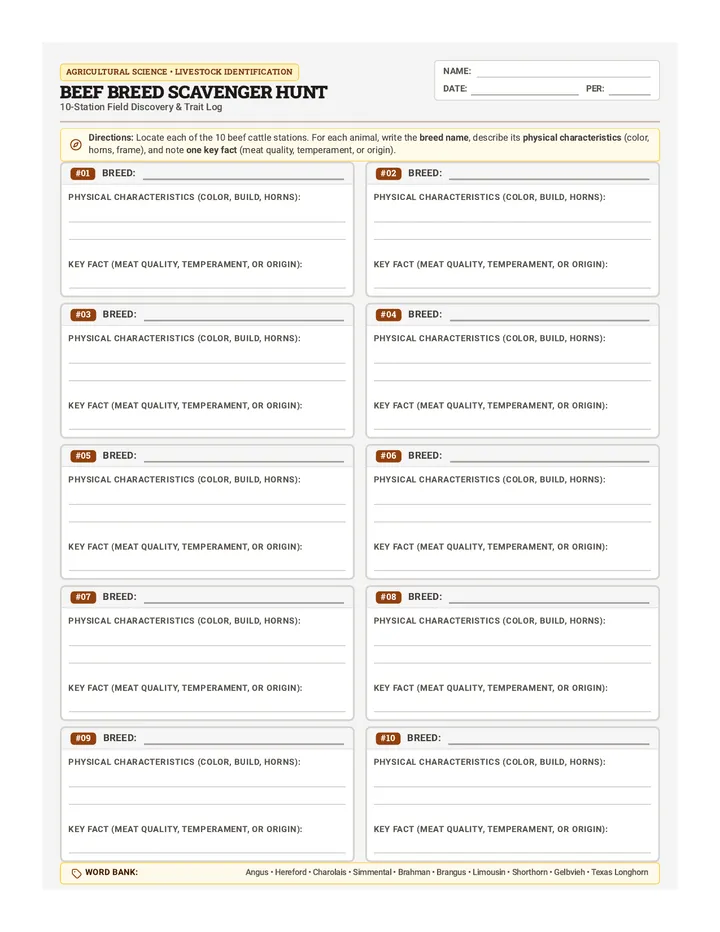 Cattle Trail Scavenger Worksheet