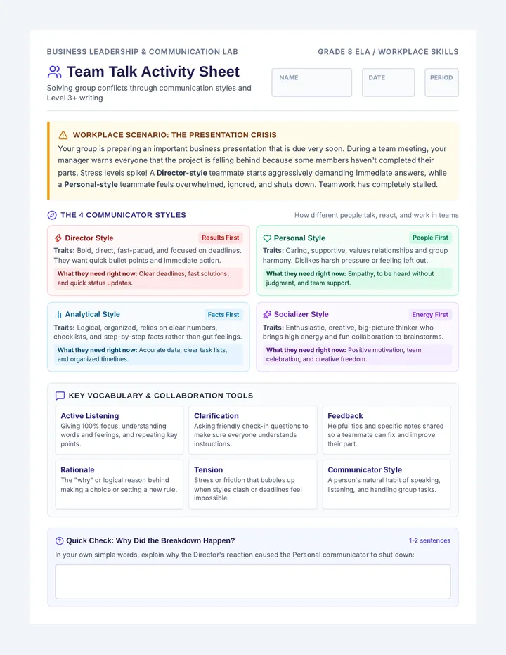 Team Talk Activity Sheet