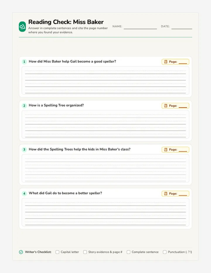 Miss Baker Comprehension Worksheet
