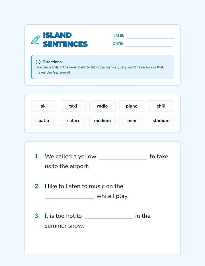Island Sentence Worksheet