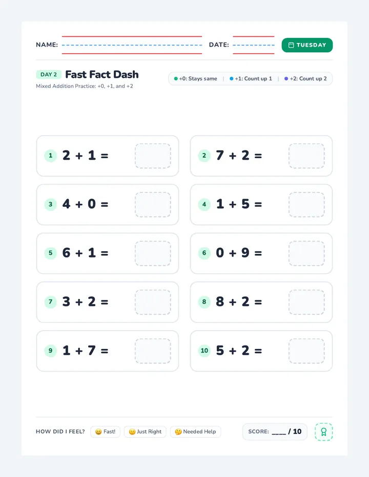 Tuesday Fact Dash Worksheet