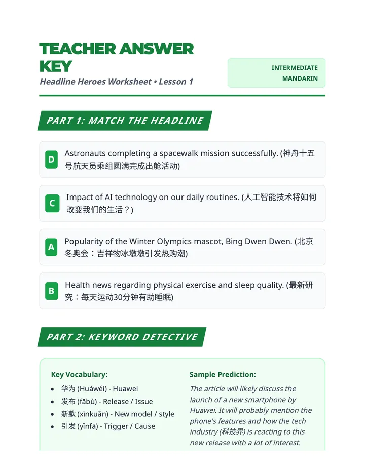 Headline Heroes Answer Key