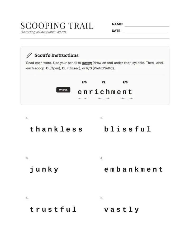 Scooping Trail Worksheet