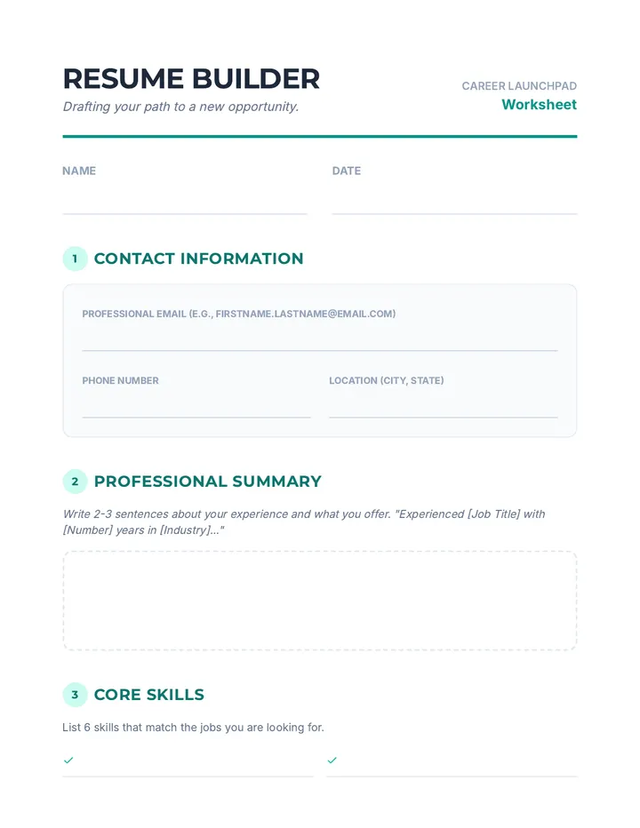 Resume Builder Worksheet