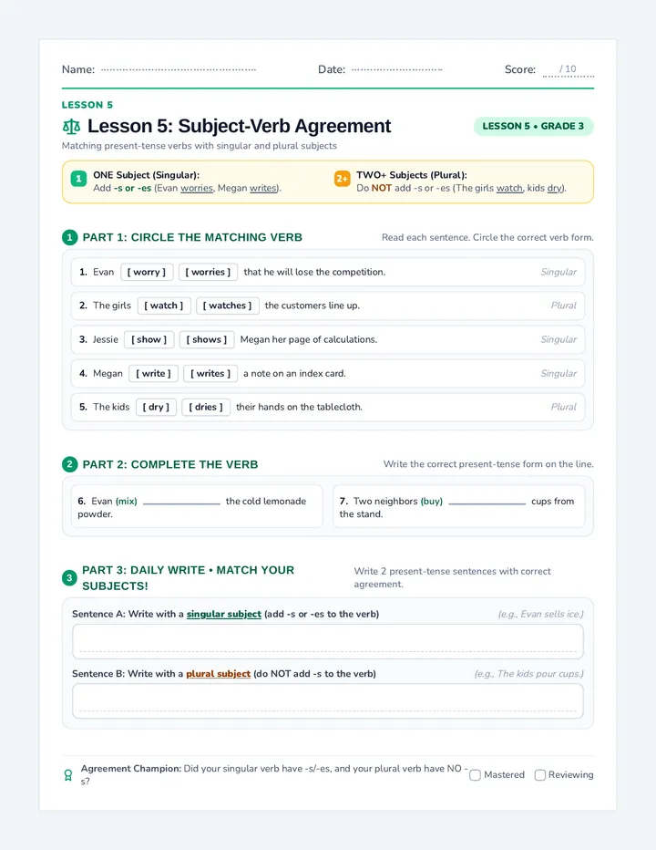 Agreement Champions Practice Worksheet