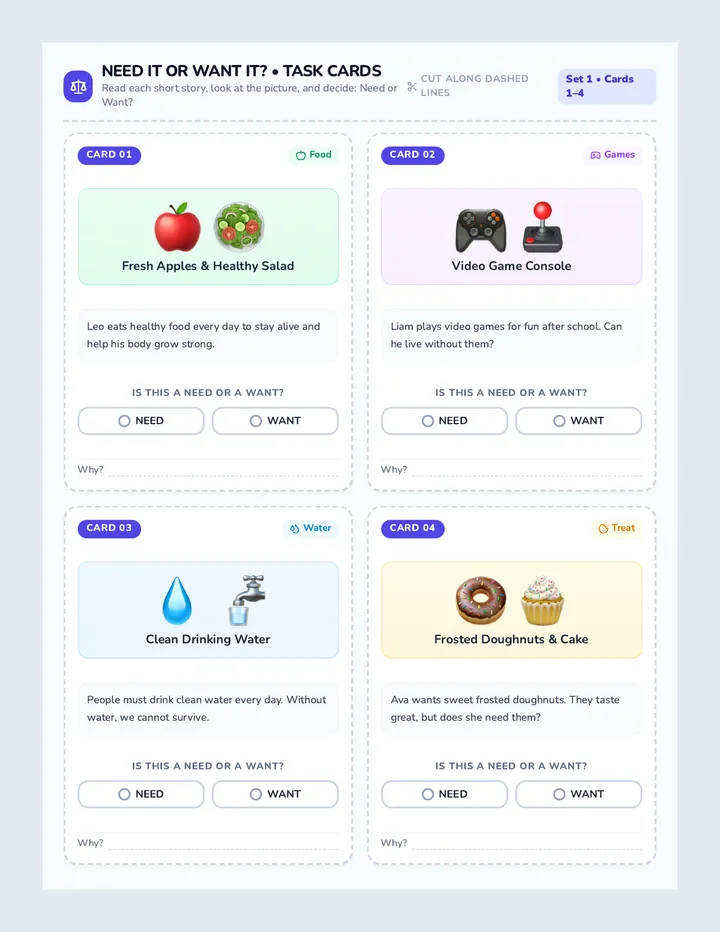Need It Want It Task Cards