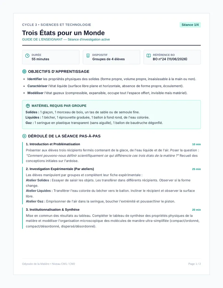 Trois Etats de la Matiere Guide Enseignant