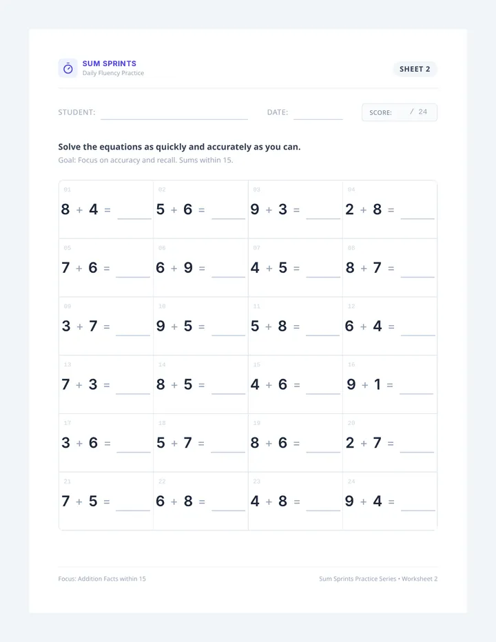 Sum Sprint Worksheet Two