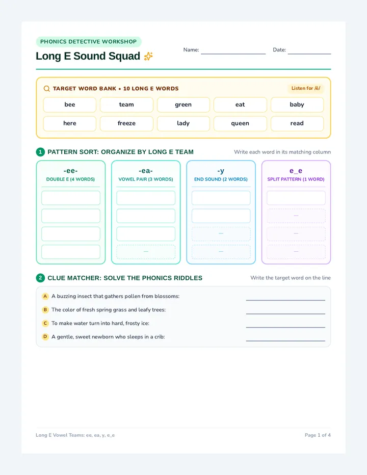 Long E Vowels Packet