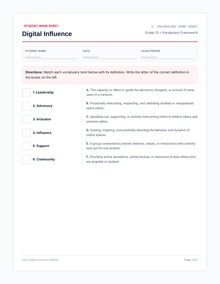 Digital Influence Vocabulary Worksheet