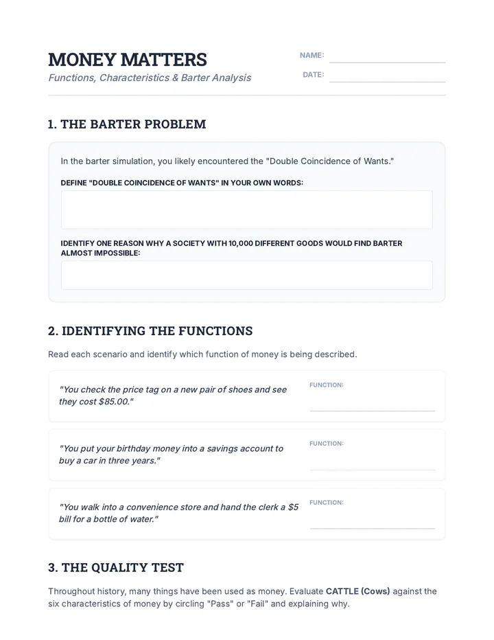 Money Matters Worksheet