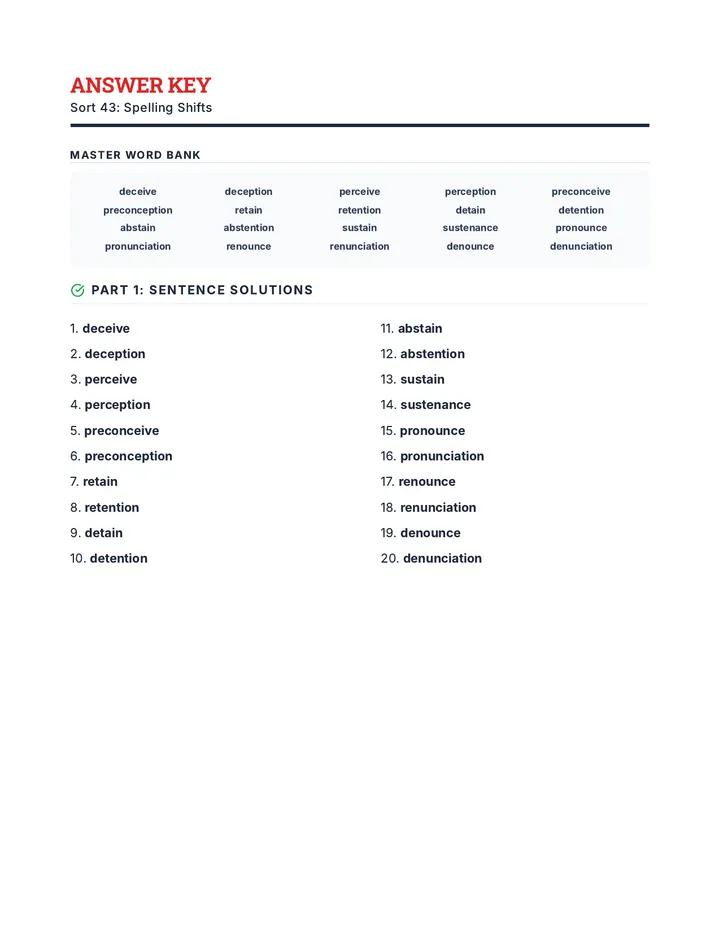 Spelling Shifts Answer Key