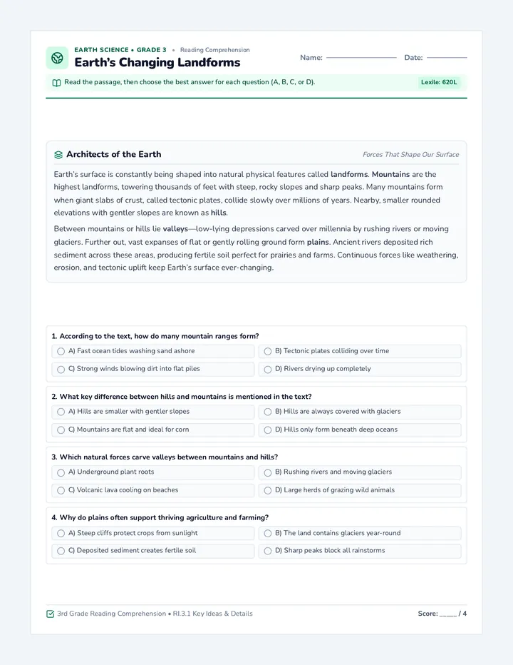 Earth Sculptures Reading Worksheet