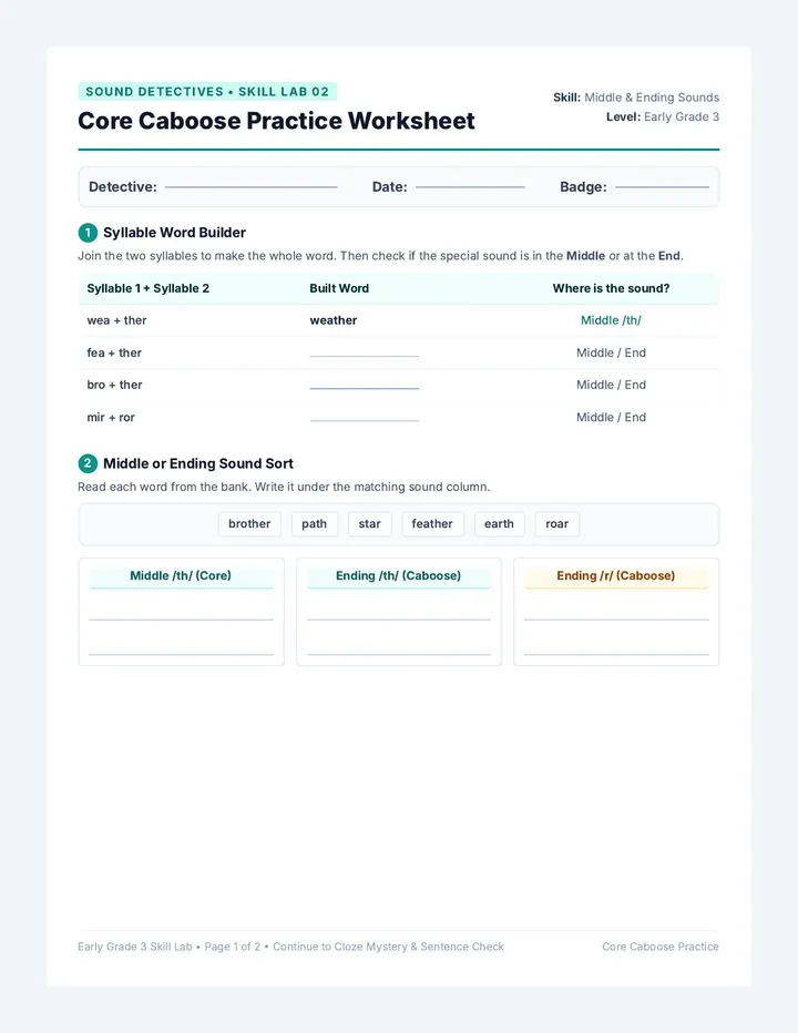 Core Caboose Practice Worksheet