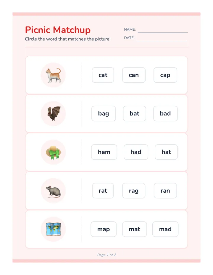 Picnic Matchup Worksheet