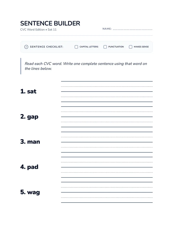 Sentence Builder Set 11 Worksheet
