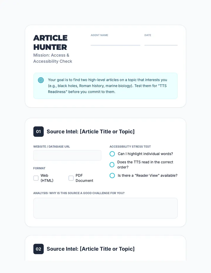 Article Hunter Worksheet Student