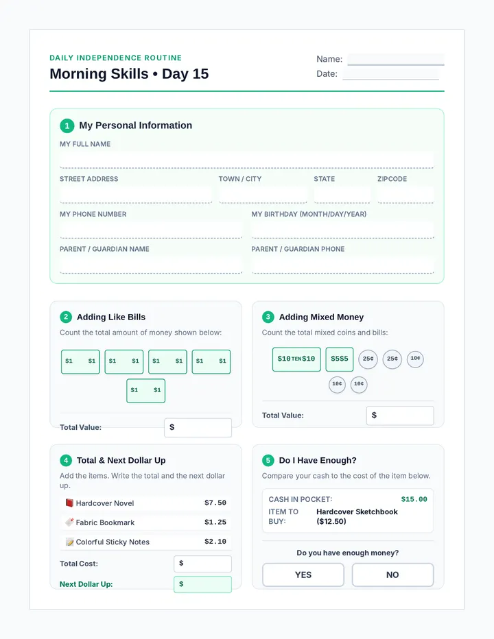 Morning Skills Day 15 Worksheet