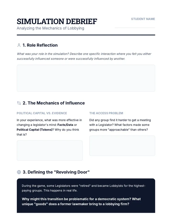 Lobbying Simulation Reflection Worksheet