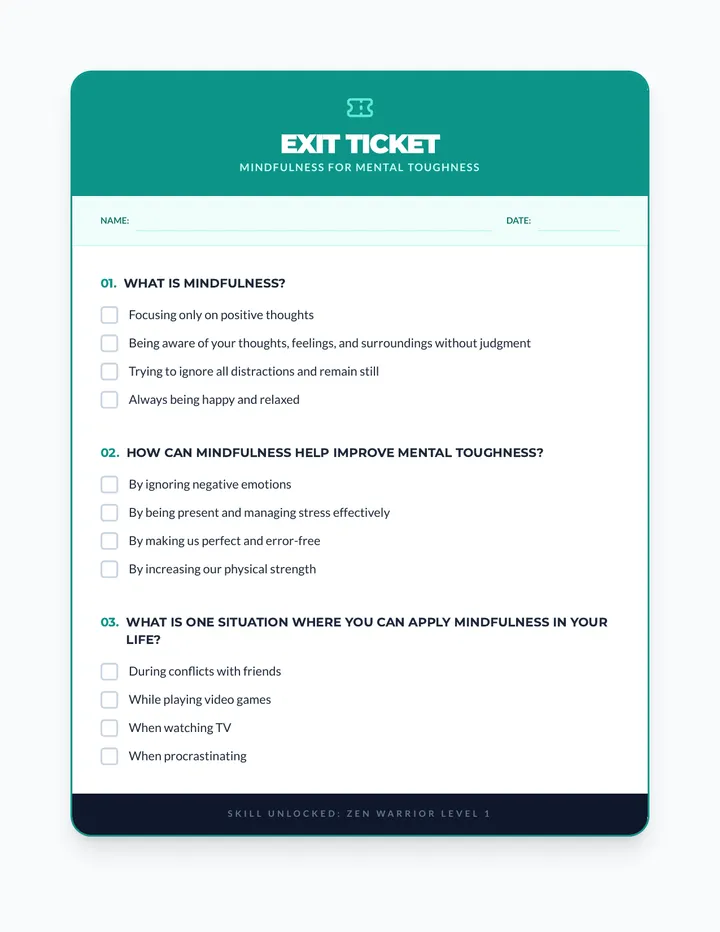 Mindfulness Mental Toughness Exit Ticket Student Material