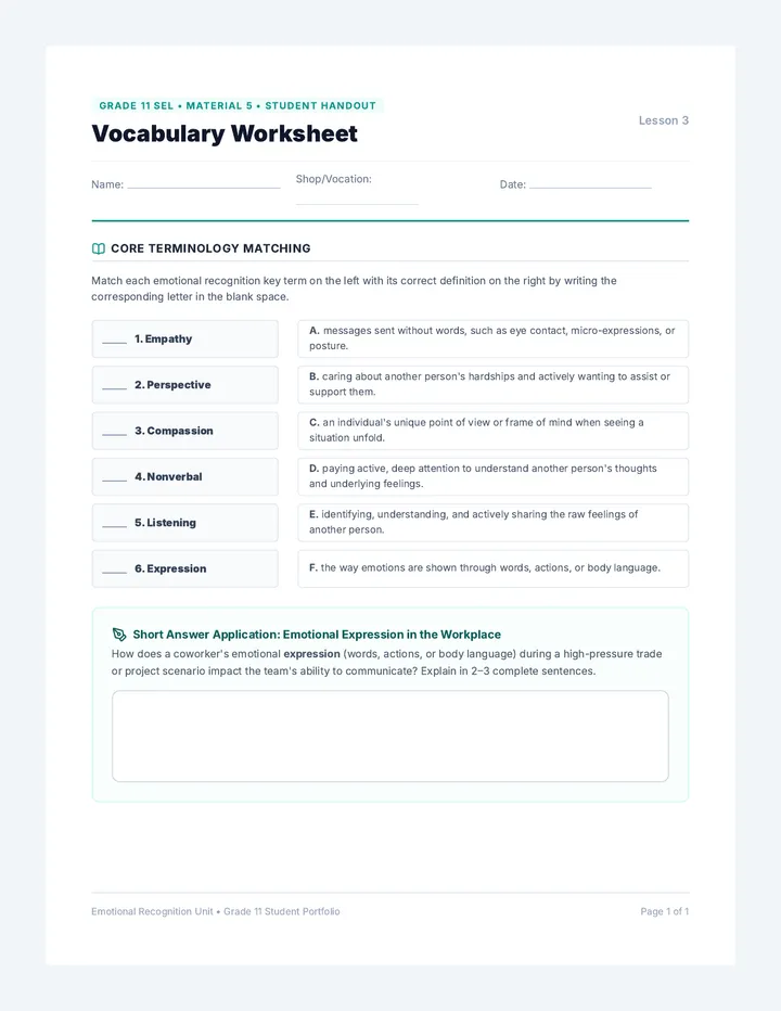 Understanding Others Vocabulary Worksheet