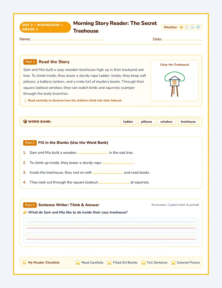 Wednesday Story Reader Worksheet