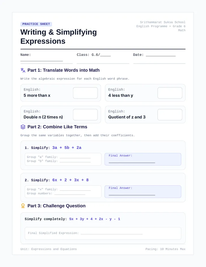 Writing Simplifying Expressions Worksheet