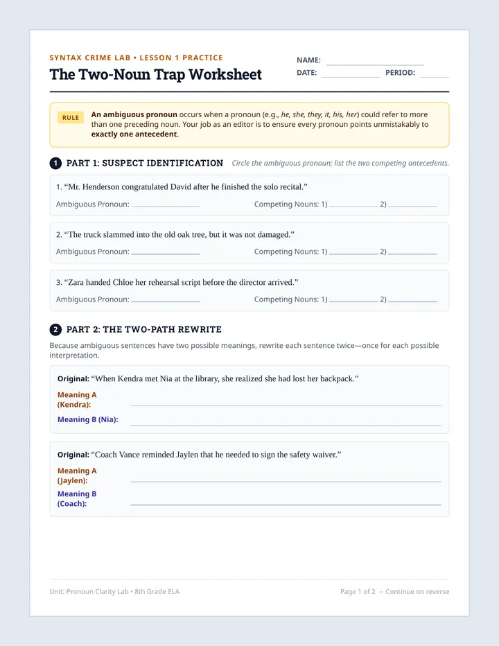Two-Noun Trap Worksheet