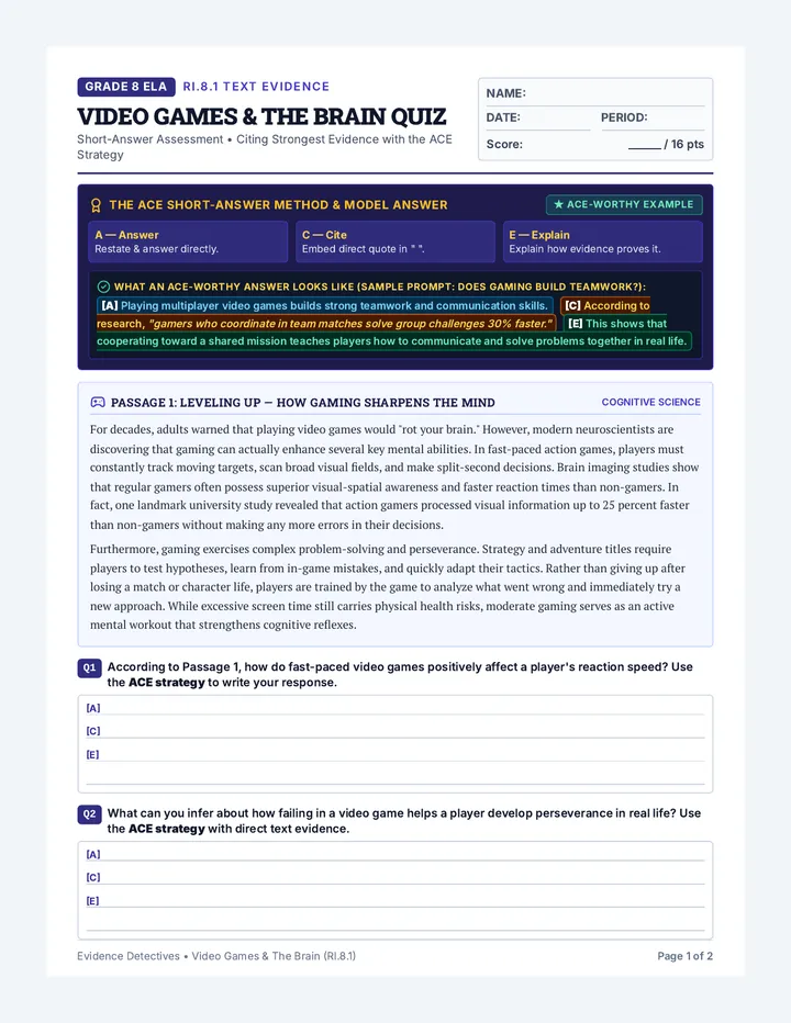 Text Evidence Quiz Student Worksheet