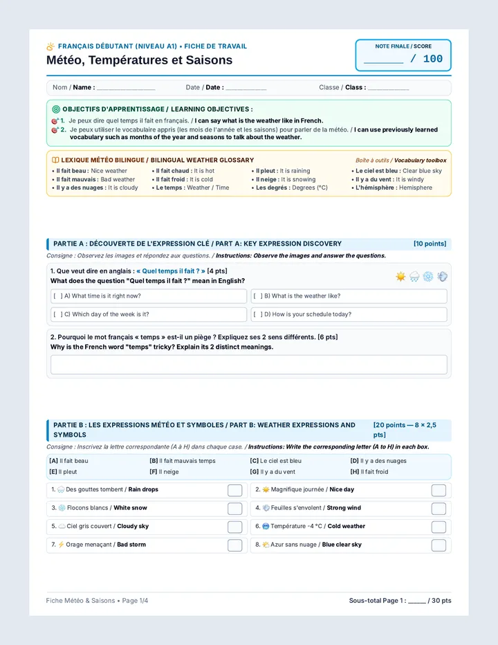 Ciel et Saisons Worksheet