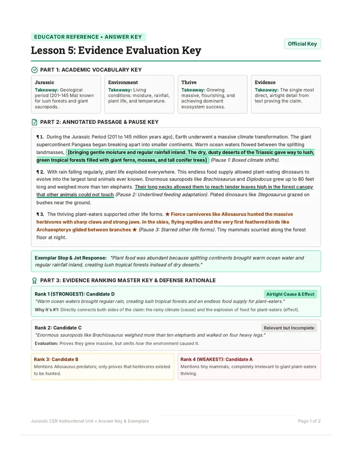 Jurassic Evidence Answer Key