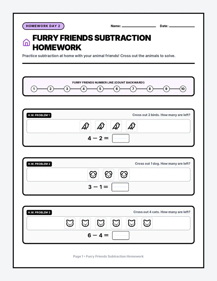 Furry Friends Subtraction Homework