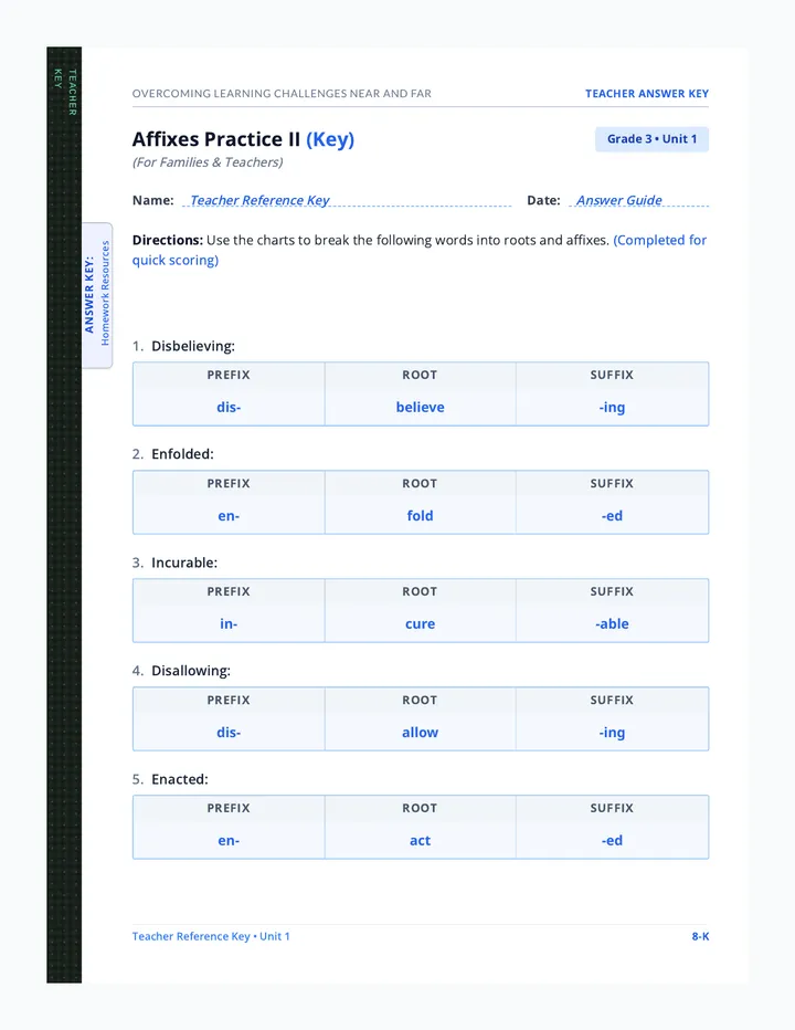 Affixes Practice II Answer Key