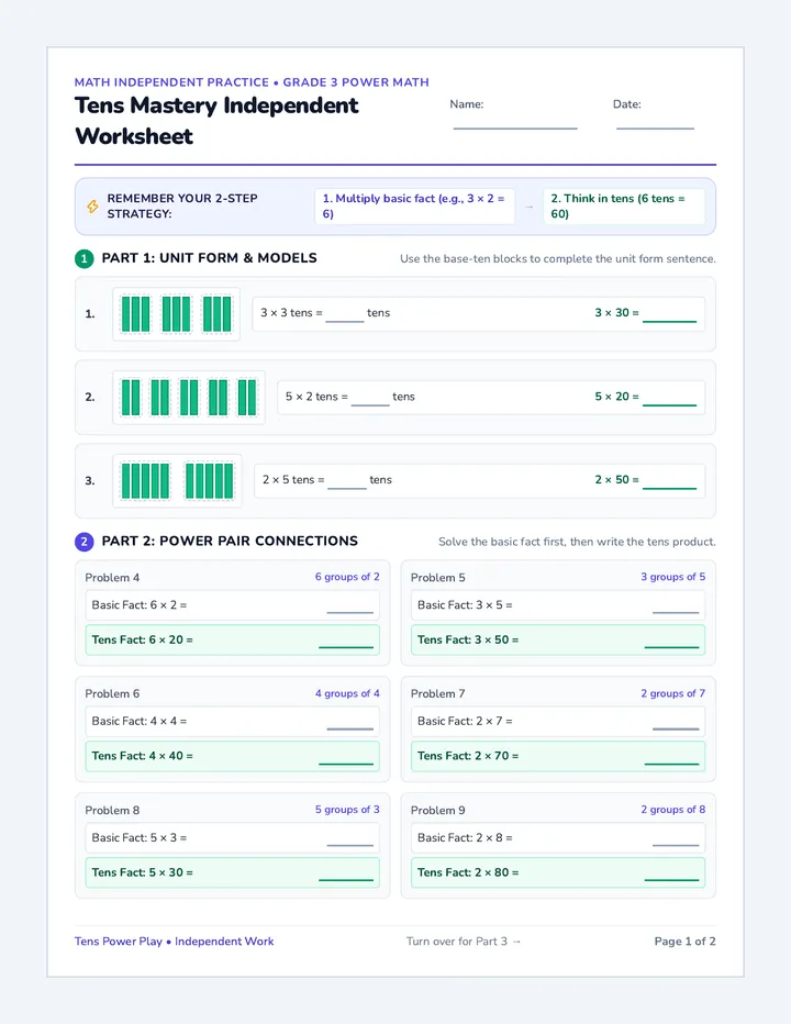 Tens Mastery Independent Worksheet