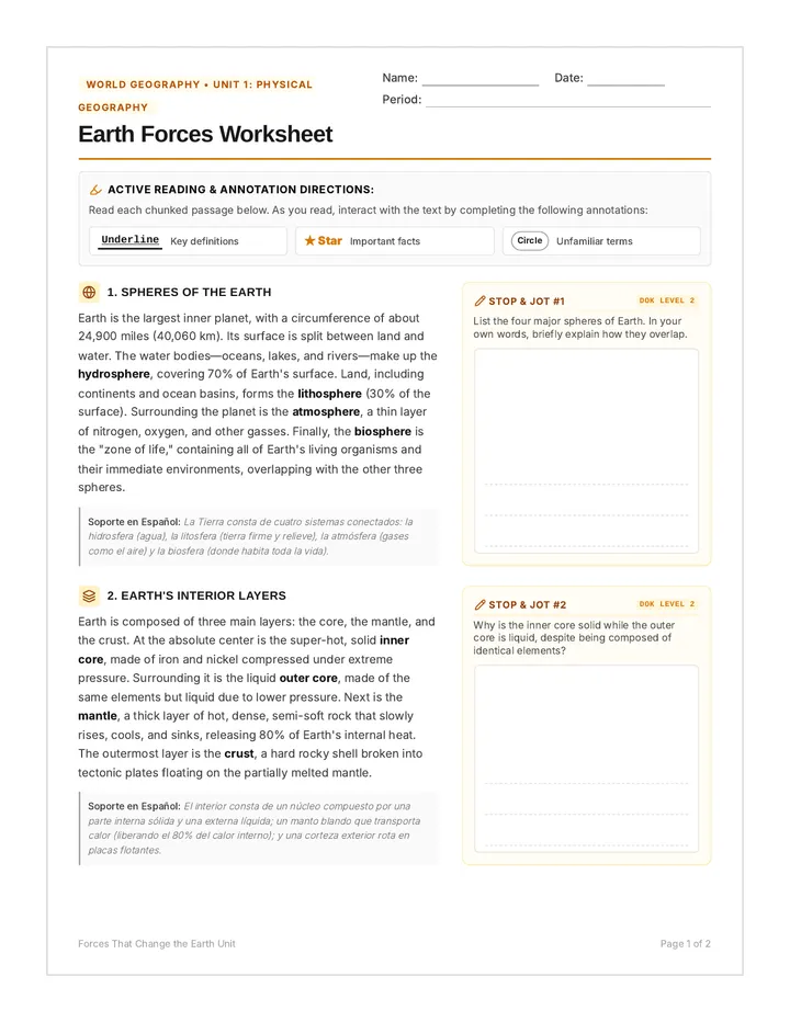 Earth Forces Worksheet