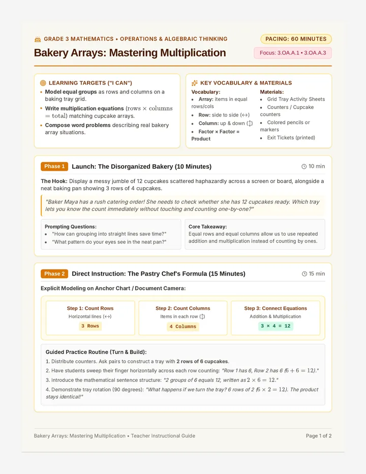 Bakery Arrays Lesson Plan